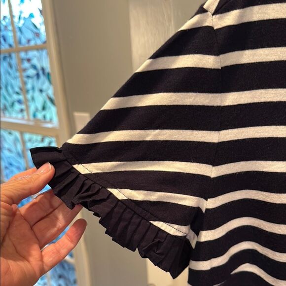 Talbots Dark Navy and White Boxy Short Sleeve Tee with ruffled sleeves size Lp - Picture 3 of 5